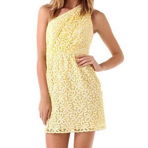 Shoshanna One Shoulder Lace Dress Size 4 Yellow Cotton Nylon Lined Mini Cocktail